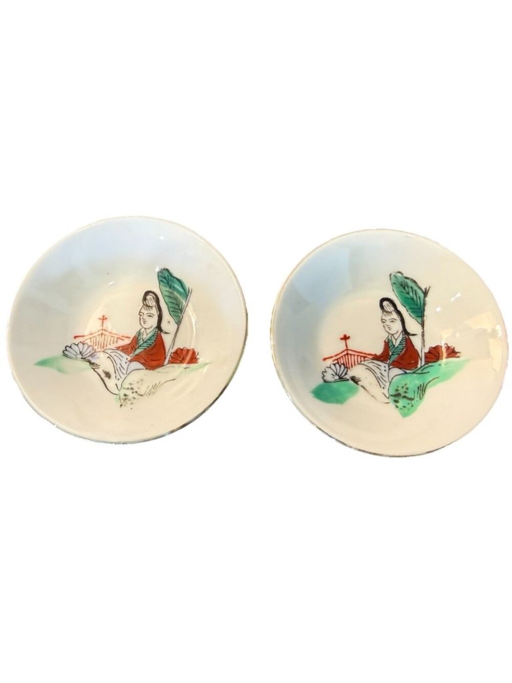 Vtg Set of 2 Japanese Porcelain Soy Wasabi Sauce Dishes Court Lady Red Seal Mark
